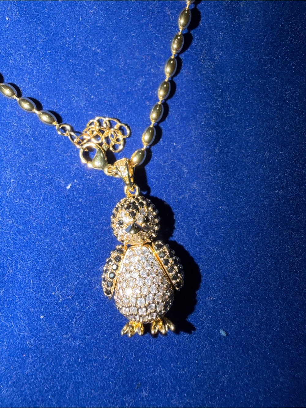 Gold Penguin Pendant Necklace with Clear and Black Crystals - Women's Jewelry